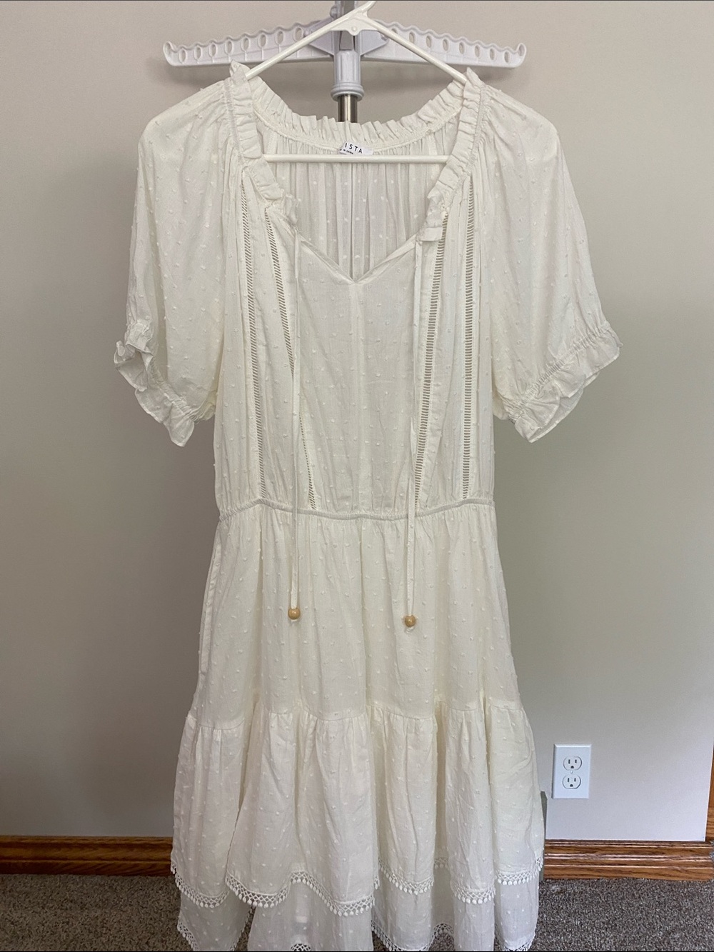White Swiss Dot Boho Midi Dress with Tie Neck